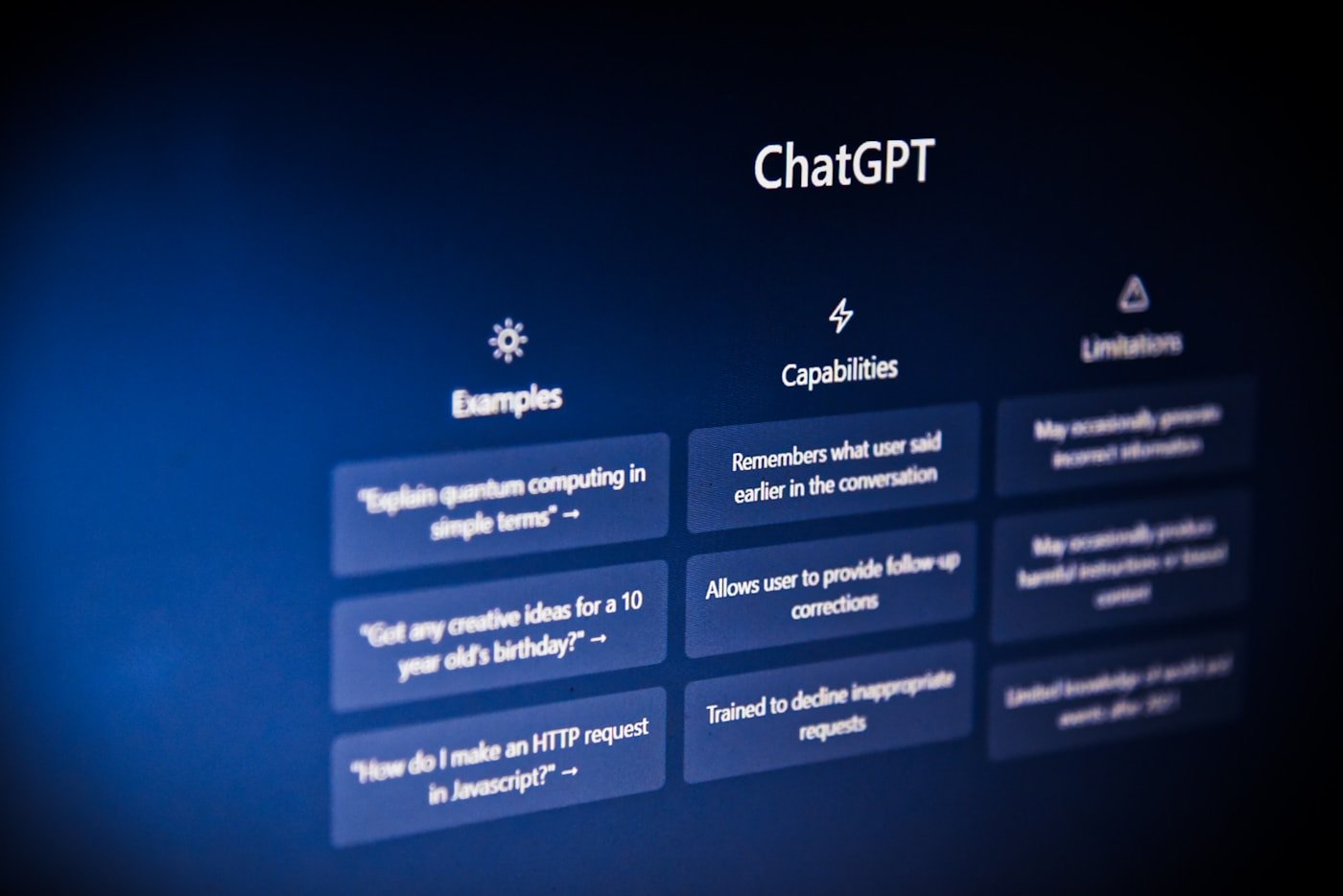 ChatGPT photographed in 2023; an old interface does not establish current features.