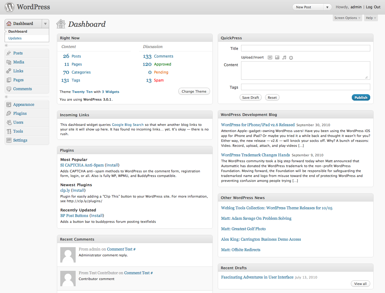 The WordPress dashboard interface
