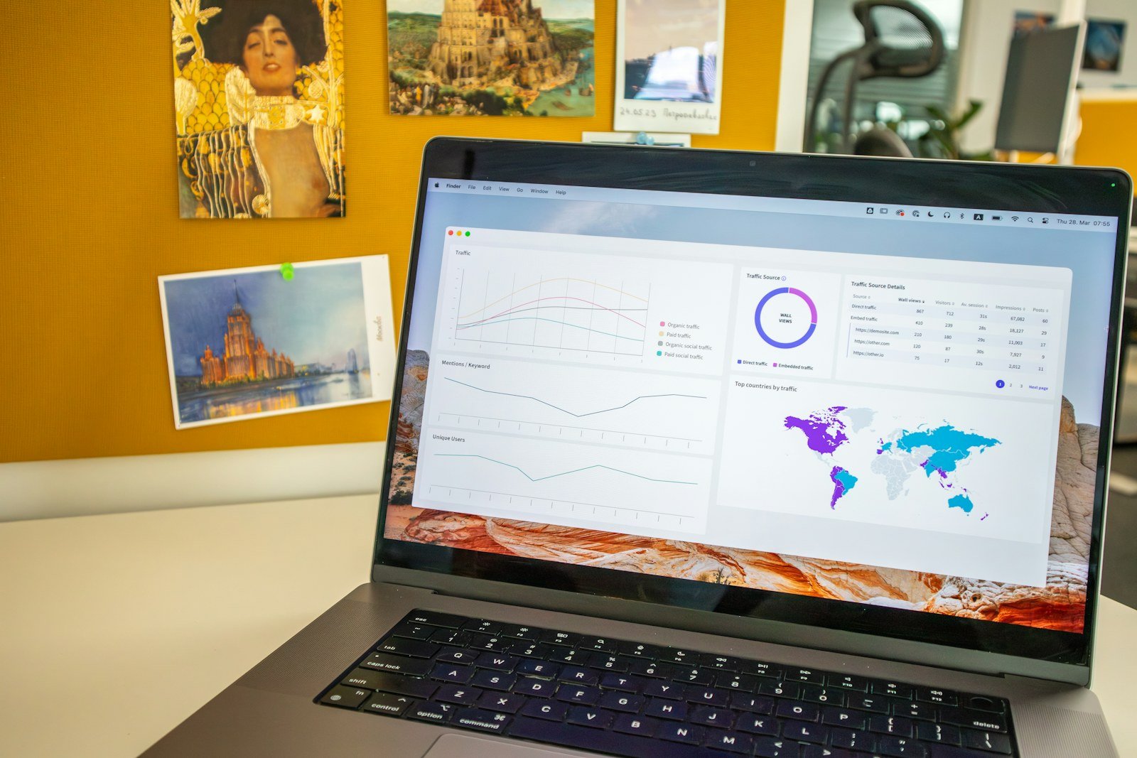 A laptop on a desk showing analytics statistics