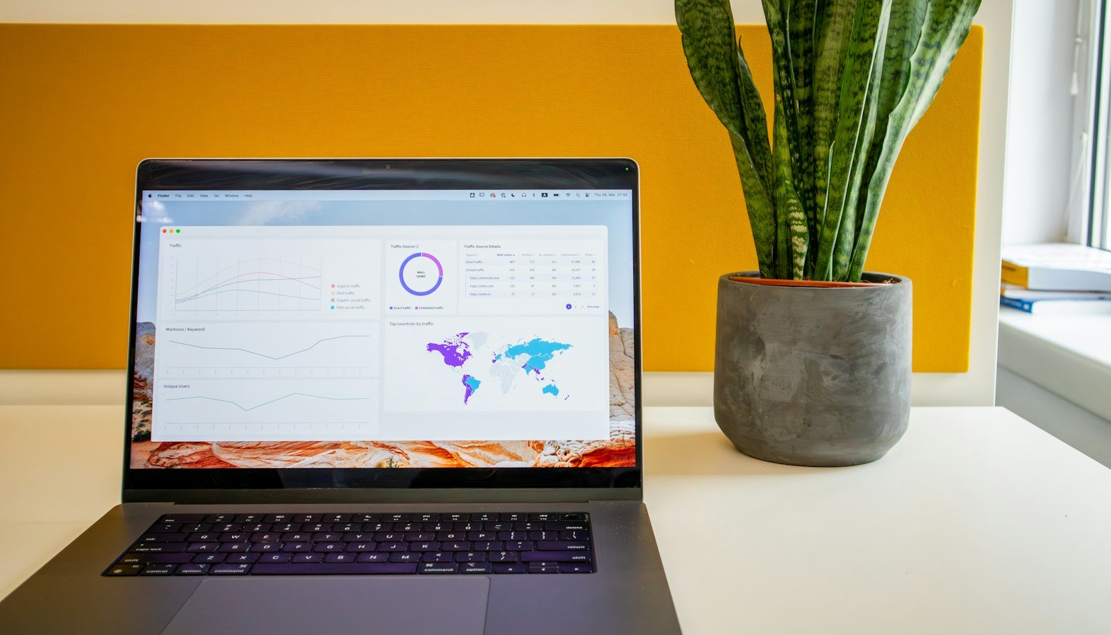 Laptop displaying social media analytics on a white desk